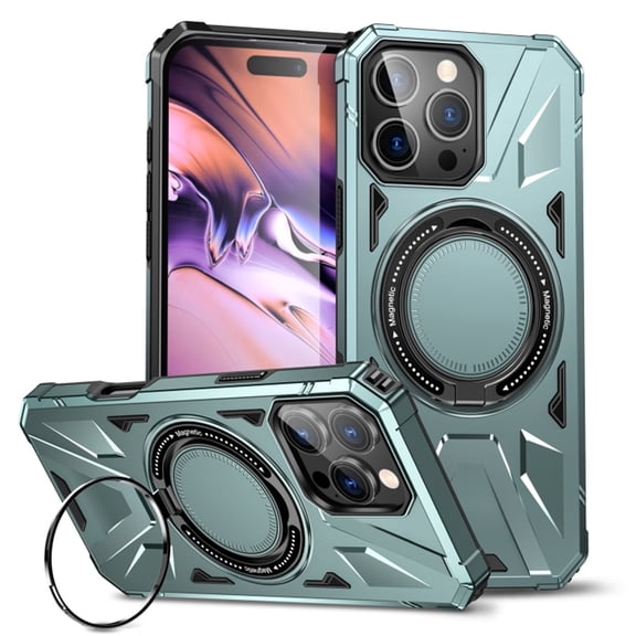 Case for iPhone 15 Pro Max 6.7" with 360° Spin Magnetic Stand Ring Holder, Compatible with MagSafe, 16FT Mil-Grade Shockproof Dropproof Tough Rugged Protective Case Cover,Green,For iPhone 15 Pro Max