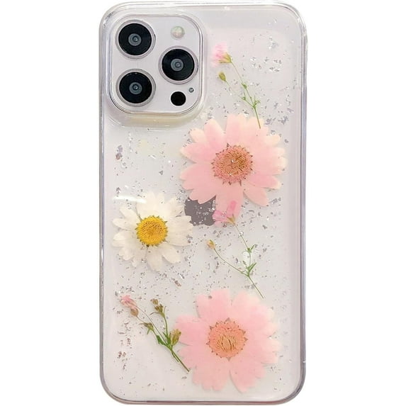 Case for iPhone 15 Pro Max, Bling Glitter Sequin Handmade Real Dried Flowers Leaves Clear Crystal Aesthetic Case Embedded Pressed Floral Slim Soft Rubber Gel TPU Protective Bumper Cover -Pink