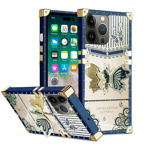 Case for iPhone 15 Pro Max Butterfly Glitter Case for Girls Women Heavy Duty Shockproof Case Luxury Kickstand Built In with Soft Bumper TPU Case for iPhone 15 Pro Max, Blue Frame
