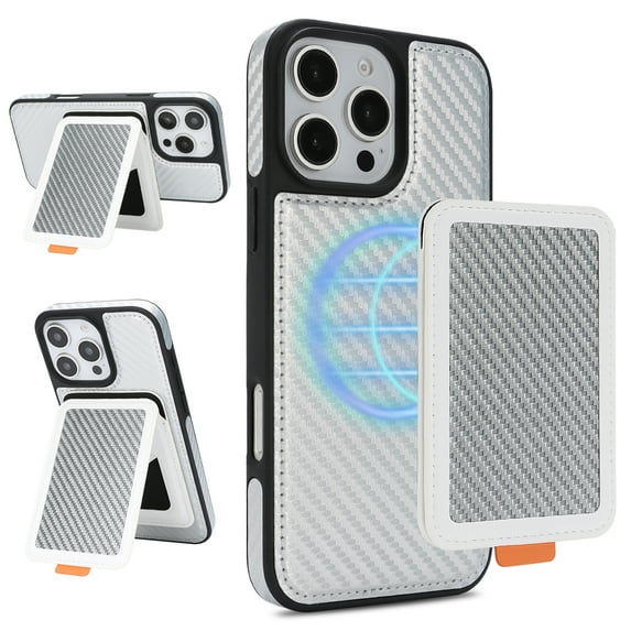 Case for iPhone 15 Pro Max, Carbon Fiber Back Case + Carbon Fiber Back Card Bag, RFID Blocking Anti-Scratch Protective Magnetic Kickstand Phone Case Cover for iPhone 15 Pro Max, White