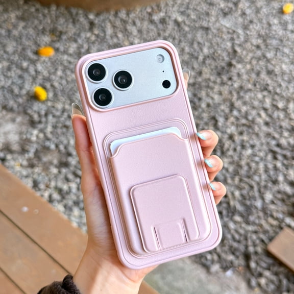 Case for iPhone 15 Pro Max, with Card Back & Hidden Bracket, Premium PU Leather + TPU Drop Protective Shockproof Ultra Thin Phone Case Cover for iPhone 15 Pro Max, Pink