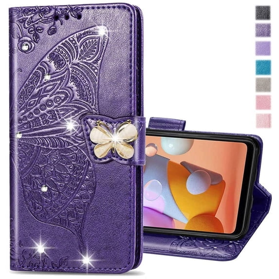 Case for iPhone 15 Pro Max Case Glitter Bling with Card Holder and Stand Leather Flip Wallet Diamond Butterfly Protective Case for iPhone 15 Pro Max 6.7 inch Crystal Purple