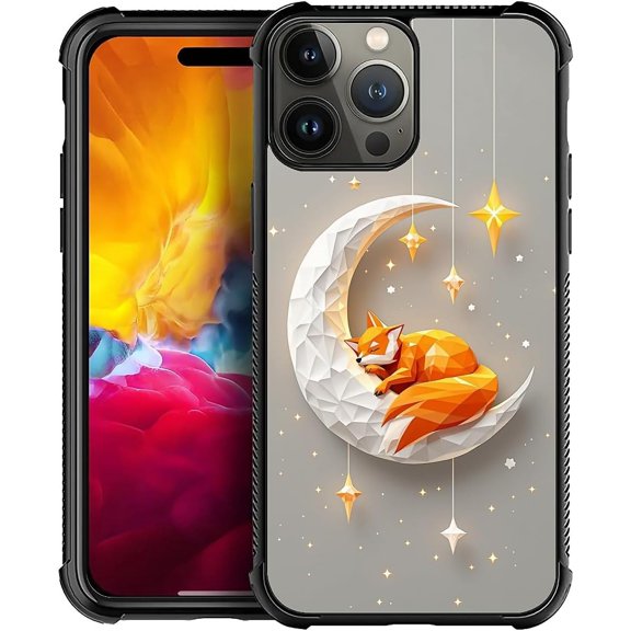 Case for iPhone 15 Pro Max Case, Graphic Design Case for Girl Boy Soft Silicone Hard Acrylic Shock Protection Designed Case for iPhone 15 Pro Max Geometric Fox Sleep On Moon Pattern
