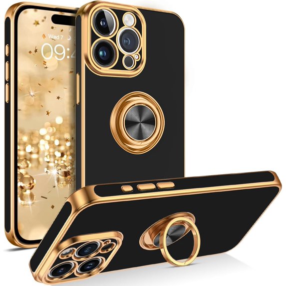 Case for iPhone 15 Pro Max Case with Ring Holder Kickstand 360 Degree Rotation Magnetic Car Finger Soft Slim Cover Shockproof Full Protective Phone Case for iPhone 15 Pro Max 6.7", Black