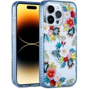 Case for iPhone 15 Pro Max Case with White Primrose Floral Design, Cute Clear Flower Phone Cover for Women Girls, [10FT MIL-Grade Drop Protection] Slim Blue Bumper with Gold Accents