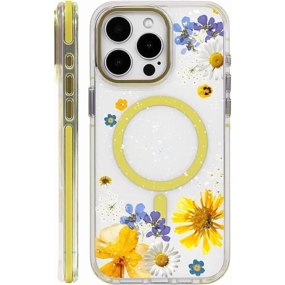 Case for iPhone 15 Pro Max Case, Yellow Pressed Flower Compatible with MagSafe & Magnetic Wireless Charging, Shockproof Protective Phone Case Cover Case for iPhone 15 Pro Max, Clear Yellow