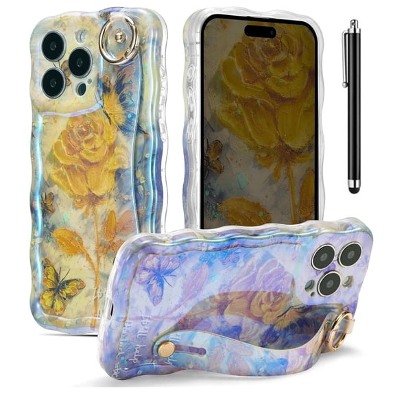 Case for iPhone 15 Pro Max , Colorful Oil Painting Flower Case with Phone Grip Pretty Glossy Wave Cover Cute Floral Phone Finger Strap Stand Shell for Women Girl With Stylus Pen, Yellow Rose