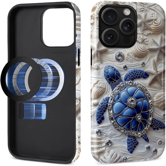 Case for iPhone 15 Pro Max [Compatible with MagSafe], Glossy Soft Silicone + Hard PC Anti-Scratch Shockproof Protective 2-in-1 Case for Women Men - Sea Turtle Starfish Ocean