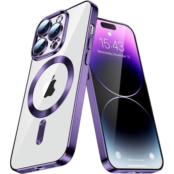 Case for iPhone 15 Pro Max, Compatible with Magsafe Cute Glitter Clear Full-Body Protective Shockproof Camera Lens Protector Bumper TPU Magnetic Phone Case for iPhone 15 Pro Max Purple YX