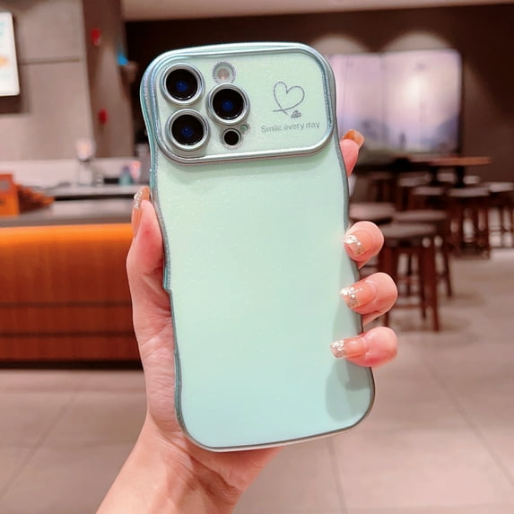 Case for iPhone 15 Pro Max, Curly Wave Shape Plating Frame Cute Love Heart Cover for Girls Women, Full Camera Lens Protection Soft Durable TPU Shockproof Case for iPhone 15 Pro Max, Green