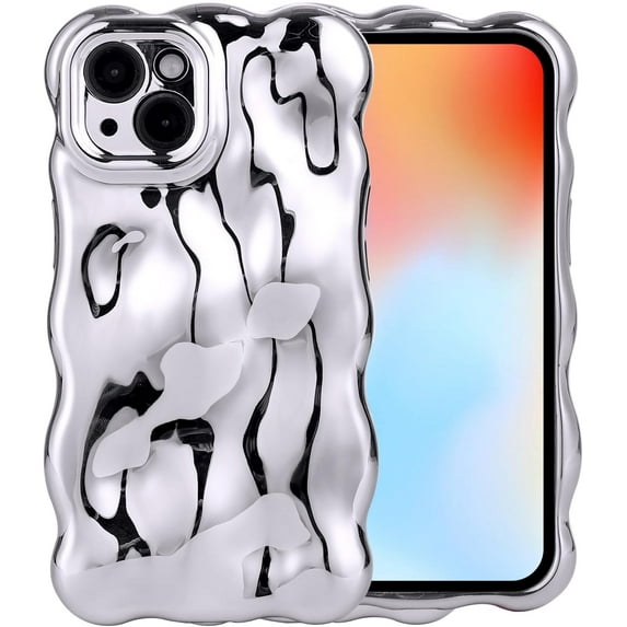 Case for iPhone 15 Pro Max,Cute 3D Meteorite Bubble Water Ripple Pattern Phone Case Curly Wavy Frame Case for Women Girls Soft TPU Shockproof Case Cover,Silver