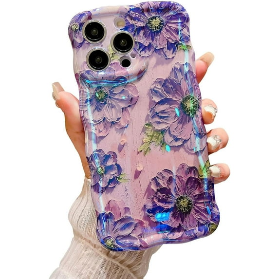 Case for iPhone 15 Pro Max, Cute Colorful Retro Oil Painting Printed Flower Laser Glossy Pattern, Durable TPU Protective Stylish Curly Waves Edge Phone Cover for Girls Women, Purple#2