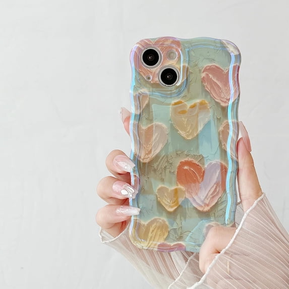 Case for iPhone 15 Pro Max,Cute Iridescent Hearts Retro Oil Painting Laser Curly Wave Edge Glitter Case,Shockproof Camera Protective TPU Slim Case,for iPhone 15 Pro Max Case 6.7 inches-Green