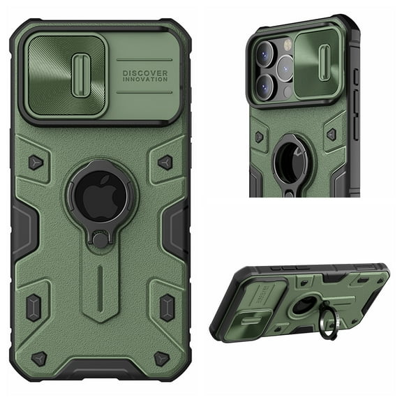 Case for iPhone 15 Pro Max,Decase Heavy Duty Dual Layer Hybrid Protective Case Slide Camera Protector 360° Ring Kickstand Shockproof Phone Cover,for Apple iPhone 15 Pro Max 2023 - Green