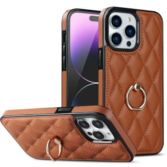 Case for iPhone 15 Pro Max,Decase PU Leather Shockproof Case Business Vintage Elegant Protective Back Phone Shell With Ring Kickstand Holder,for iPhone 15 Pro Max - brown