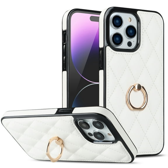 Case for iPhone 15 Pro Max,Decase PU Leather Shockproof Case Business Vintage Elegant Protective Back Phone Shell With Ring Kickstand Holder,for iPhone 15 Pro Max - white