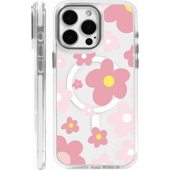 Case for iPhone 15 Pro Max - Pink Flower Design On Clear Base, Compatible with MagSafe, Slim Protective Soft TPU Bumper, Magnetic Phone Cover Case for Women Girls Case for iPhone 15 Pro Max White