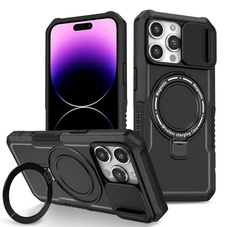 Case for iPhone 15 Pro Max, with Sliding Camera Cover & Ring Kickstand,  Military Grade Drop Protective Hybrid Shockproof Anti-fall Phone Case Cover