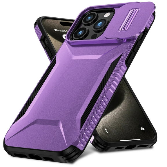 Case for iPhone 15 Pro Max with Sliding Camera Lens Protective Cover, [Military Grade Drop Protection] Non-Slip Heavy Duty Full-Body Shockproof Rugged Phone Case for iPhone 15 Pro Max, Purple