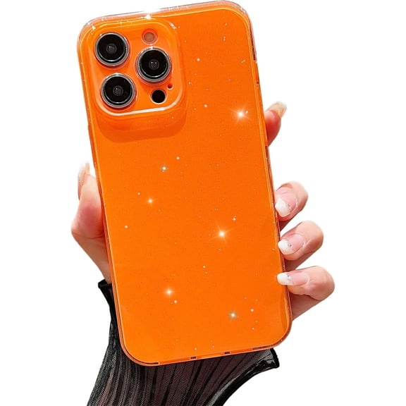 Case for iPhone 15 Pro Max,Super Cute Vibrant Neon Glitter Shiny Bling Sparkly Glossy Girly Case,Shockproof Slim Camera Protection Case for iPhone 15 Pro Max Phone Case 6.7 Inch,Orange