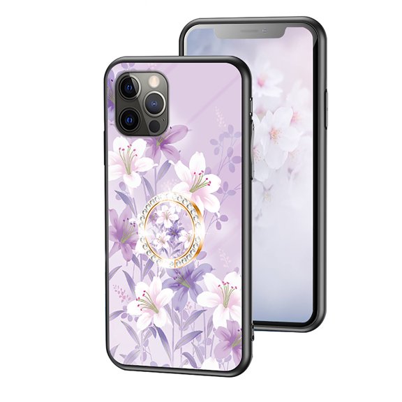 Case for iPhone 15 Pro Max, Tempered Glass Back +TPU Frame, Floral Pattern Diamond Ring Stand Ultra Slim Lightweight Anti-Scratch Back Case Drop Protective Support Magnetic Car Mount - Purple