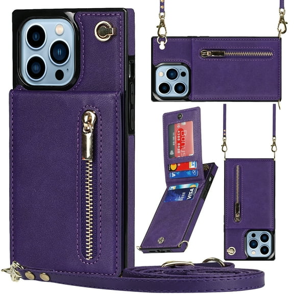 Case for iPhone 15 Pro Max Wallet Case, Crossbody Phone Purse with Card Holder for Women Girls, Zipper Classic PU Leather Flip Cover with Shoulder Strap for iPhone 15 Pro Max, Purple