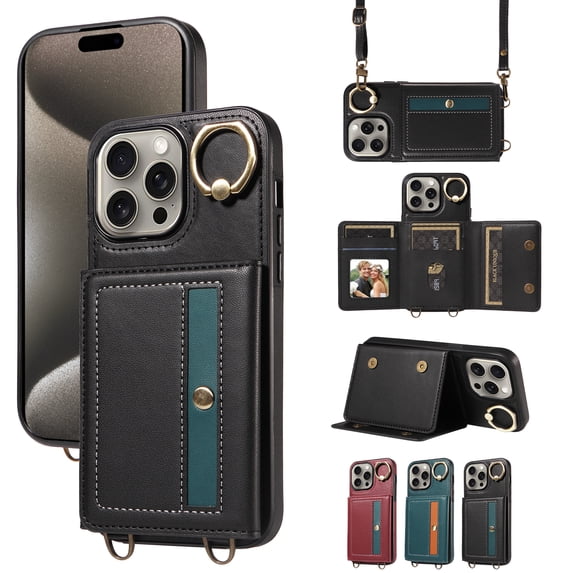 Case for iPhone 15 Pro Max Wallet Case, Flip Leather Case with 4 Card Holder, Ring Holder Kickstand Shockproof Protective Folio Phone Cover Crossbody Strap for Women Ladies,Black