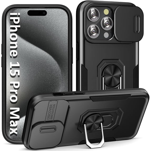Case for iPhone 15 Pro Phone Case iPhone 15 Pro Case, with Slide Camera Cover and Stand Ring, Support Magnet Car Mount, Military Grade, Heavy Duty, for iPhone 15 Pro Case Grey