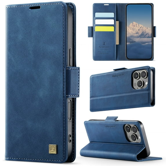 Case for iPhone 15 Pro, Premium PU Leather Flip Wallet Cover with RFID Blocking Card Slots & Kickstand, Full Body Shockproof Drop Protective Classic Business Durable Phone Case, Blue