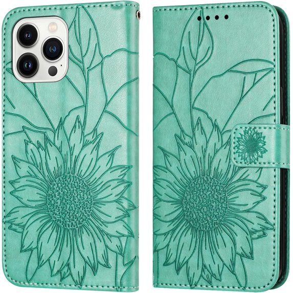 Case for iPhone 15 Pro Wallet Case Kickstand Magnetic Closure with Card Holder Sunflower Pattern Leather Flip Folio Durable Shockproof Cover for iPhone 15 Pro Green Sunflower