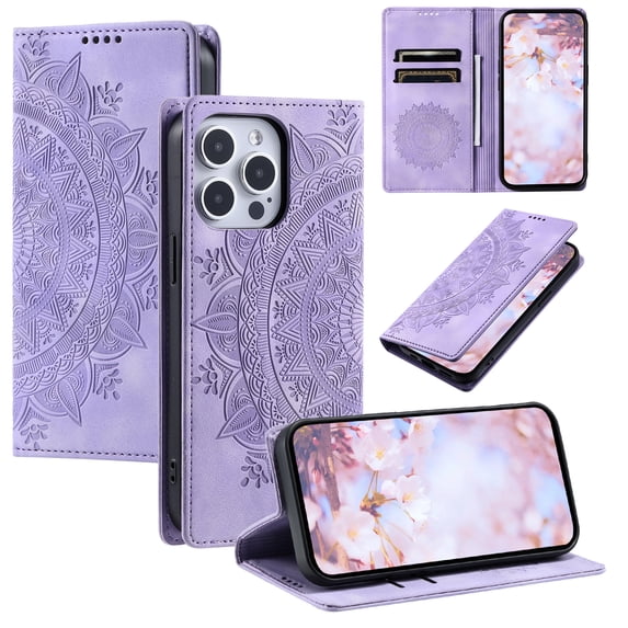 Case for iPhone 15 Pro Wallet Case for Women Girls with Card Holder, Embossed Flower Pattern Magnetic Flip PU Leather Purse Protective Phone Cover for iPhone 15 Pro, Purple