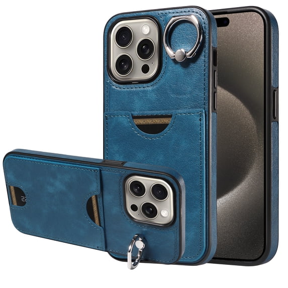 Case for iPhone 15 Pro Wallet with Credit Card Holder & Finger Ring Kickstand, Premium PU Leather Slim Cover Shockproof Scratch Resistant Full Protection Phone Case for iPhone 15 Pro, Blue
