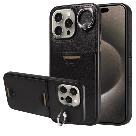 Case for iPhone 15 Pro Wallet with Credit Card Holder & Finger Ring Kickstand, Premium PU Leather Slim Cover Shockproof Scratch Resistant Full Protection Phone Case for iPhone 15 Pro, Black
