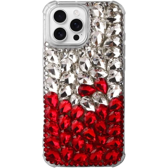 Case for iPhone 15 Pro,iPhone 15 Pro Case,3D Handmade Sparkle Stunning Stones Crystal Diamond Bling Glitter Girls Women Shockproof Phone Case for iPhone 15 Pro,6.1 inch 2023 (Red/White)