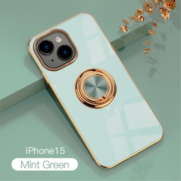 Case for iPhone 15 Case with Ring Stand [360° Rotatable Ring Holder Magnetic Kickstand][Support Car Mount] Plating Rose Gold Edge Slim Soft Flexible TPU Luxury Phone Case Cover, Light Cyan