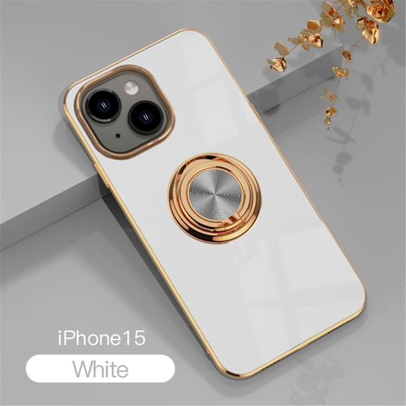 Case for iPhone 15 Case with Ring Stand [360° Rotatable Ring Holder Magnetic Kickstand][Support Car Mount] Plating Rose Gold Edge Slim Soft Flexible TPU Luxury Phone Case Cover, White