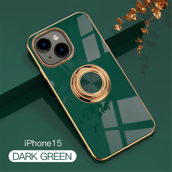 Case for iPhone 15 Case with Ring Stand [360° Rotatable Ring Holder Magnetic Kickstand][Support Car Mount] Plating Rose Gold Edge Slim Soft Flexible TPU Luxury Phone Case Cover, Darkgreen