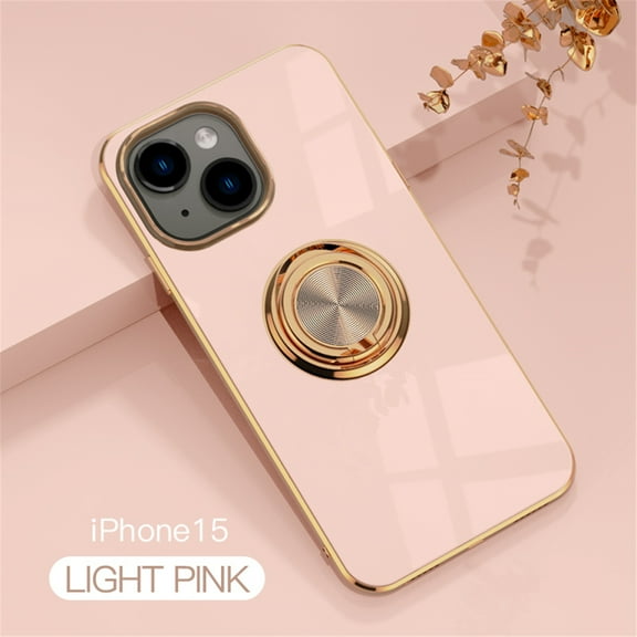Case for iPhone 15 Case with Ring Stand [360° Rotatable Ring Holder Magnetic Kickstand][Support Car Mount] Plating Rose Gold Edge Slim Soft Flexible TPU Luxury Phone Case Cover, Light Pink