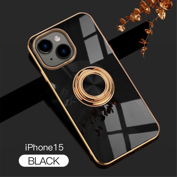 Case for iPhone 15 Case with Ring Stand [360° Rotatable Ring Holder Magnetic Kickstand][Support Car Mount] Plating Rose Gold Edge Slim Soft Flexible TPU Luxury Phone Case Cover, Black