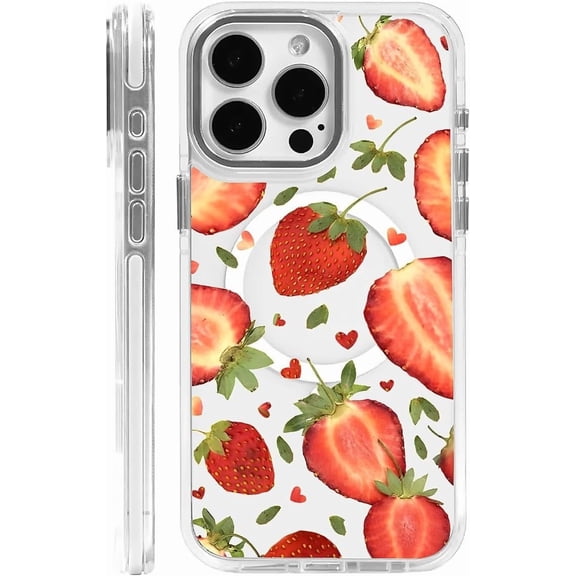 Case for iPhone 15 - Strawberry Pressed Flowers Fruit Design On Clear Base, Compatible with MagSafe, Slim Protective TPU Bumper, Magnetic Case for Women Girls Case for iPhone 15 White