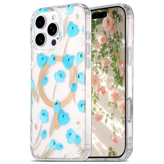 Case for iPhone 15, Ultra-Slim Floral Clear Phone Case Compatible with MagSafe, TPU+PC Shockproof Drop Protective Anti-Yellow Anti-Scratch Anti-Fingerprint Case for Women Ladies, E