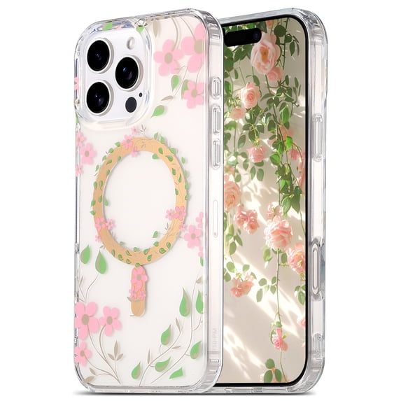 Case for iPhone 15, Ultra-Slim Floral Clear Phone Case Compatible with MagSafe, TPU+PC Shockproof Drop Protective Anti-Yellow Anti-Scratch Anti-Fingerprint Case for Women Ladies, C