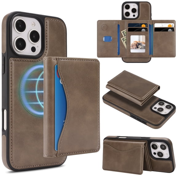 Case for iPhone 15 Wallet Case with Detachable Folio Card Holder [RFID Blocking], Kickstand, Magnetic Back Case Compatible with Mag-Safe, Protective Cover for iPhone 15, Coffee