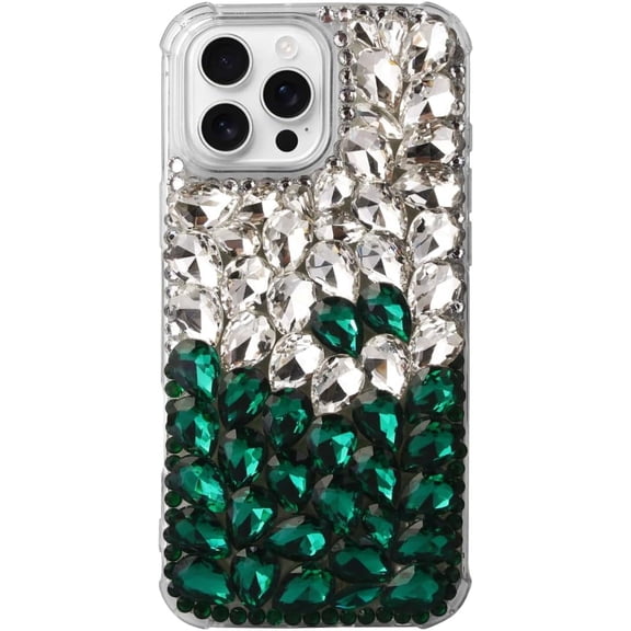 Case for iPhone 15,iPhone 15 Case,3D Handmade Sparkle Stunning Stones Crystal Diamond Bling Glitter Girls Women Shockproof Phone Case for iPhone 15,6.1 inch 2023 (White/Green)