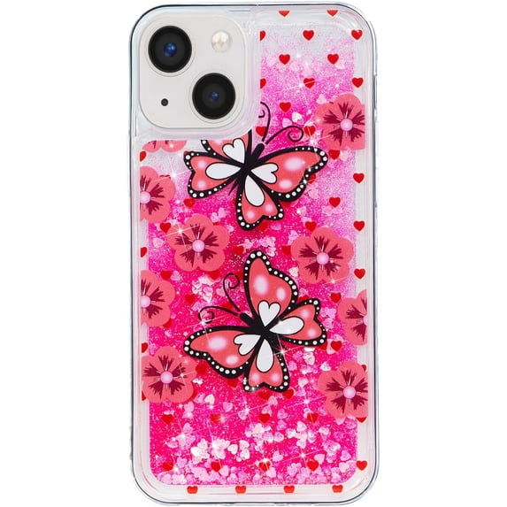 Case for iPhone 15, iPhone 15 Case Cute Pink Glitter Luxury Sparkle Liquid for Girls Women Quicksand Clear Soft TPU Protective Phone Case for iPhone 15 Pink Butterfly