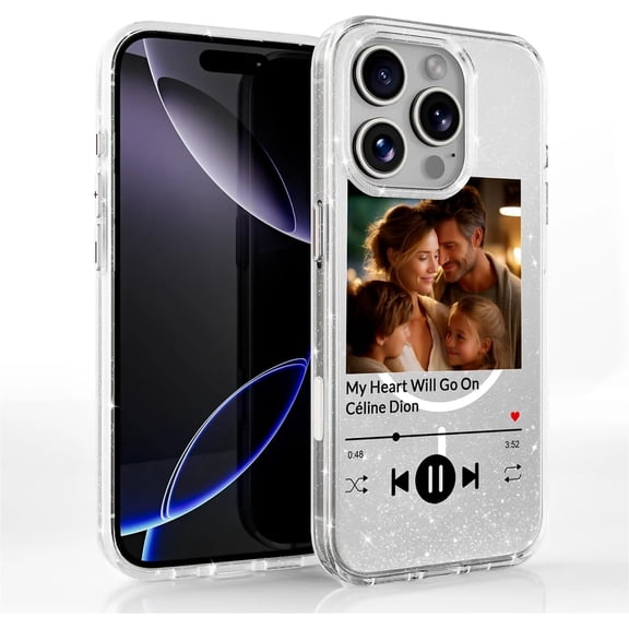 Case for iPhone 16 15 14 13 Plus Pro Max Case, Clear Glitter with Customization Graphic Case for MagSafe Soft Silicone Shock Protection Designed Photo Music Song Player Pattern
