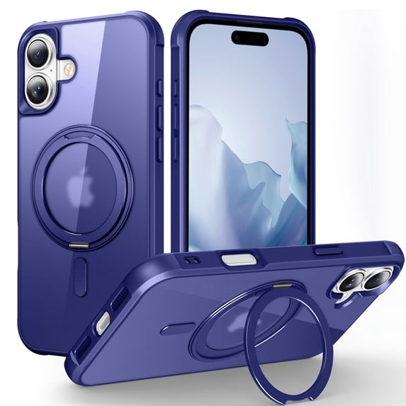 Case for iPhone 16, 360 Degree Rotating Ring Bracket, Support Magnetic Car Mount, Drop Protective Back Case, Anti-Scratch Translucent Ultra Slim Phone Cover for iPhone 16, Darkblue