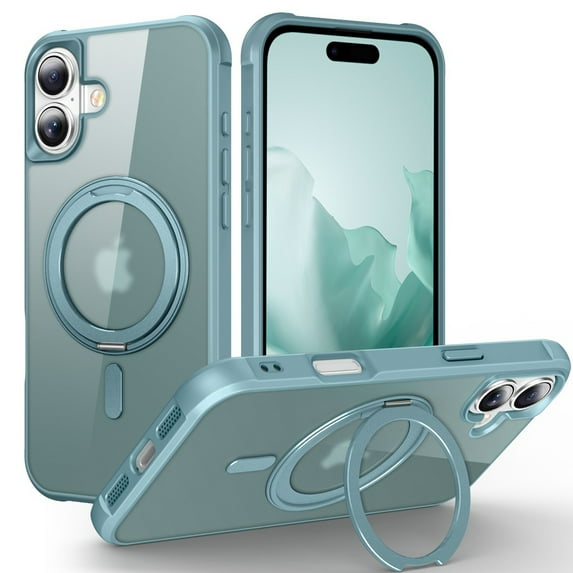 Case for iPhone 16, 360 Degree Rotating Ring Bracket, Support Magnetic Car Mount, Drop Protective Back Case, Anti-Scratch Translucent Ultra Slim Phone Cover for iPhone 16, Blue