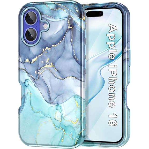 Case for iPhone 16 Case (2024), [Military Grade Drop Tested] Marble Pattern Design Slim Rugged Shockproof Women Girls Men Protective Anti-Scratch Cover for iPhone 16, Blue Cyan