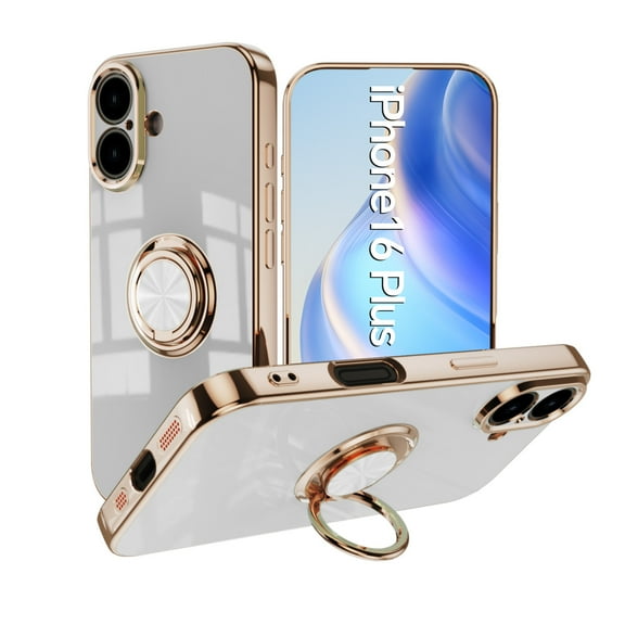 Case for iPhone 16 Case with Ring Stand [360° Rotatable Ring Holder Magnetic Kickstand][Support Car Mount] Plating Rose Gold Edge Slim Soft Flexible TPU Luxury Phone Case Cover, White